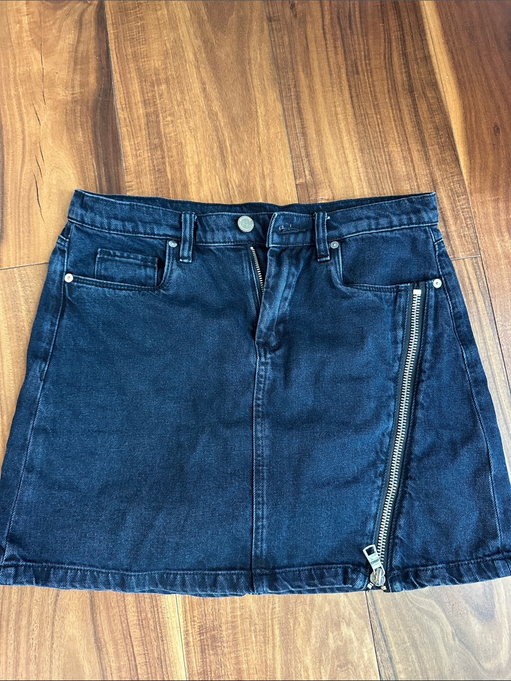 Blank NYC Black Denim Mini Skirt with Asymmetric Zip